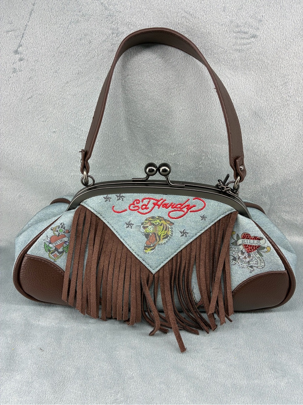 Ed Hardy Light Blue Denim and Brown Leather Fringe Shoulder Bag